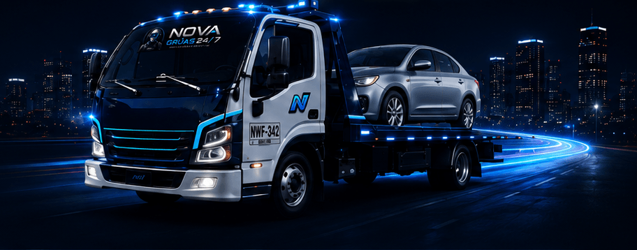 Grúa real de plataforma de NOVA GRÚAS transportando un vehículo